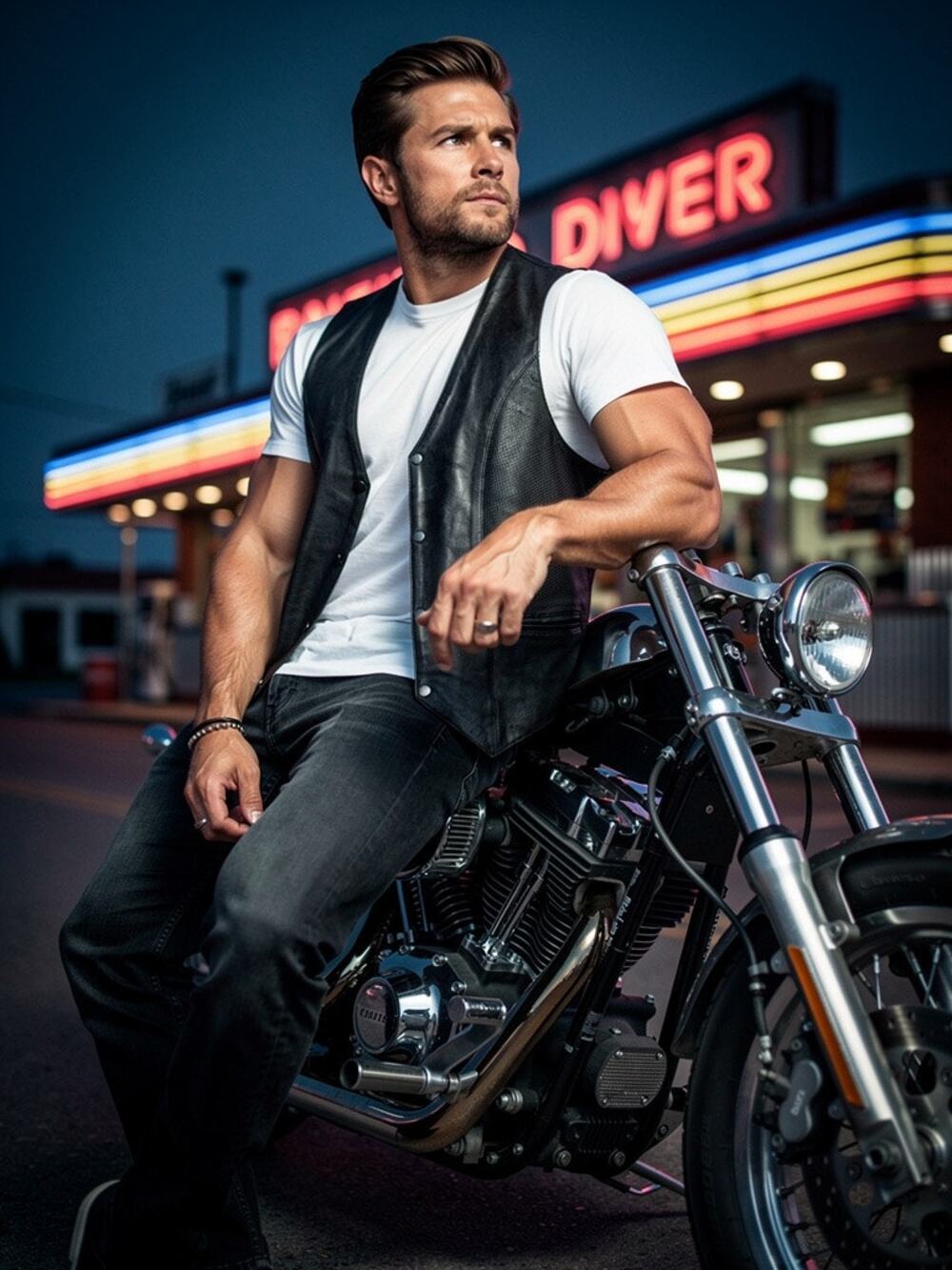 Black Leather Real Biker Vest With Pockets